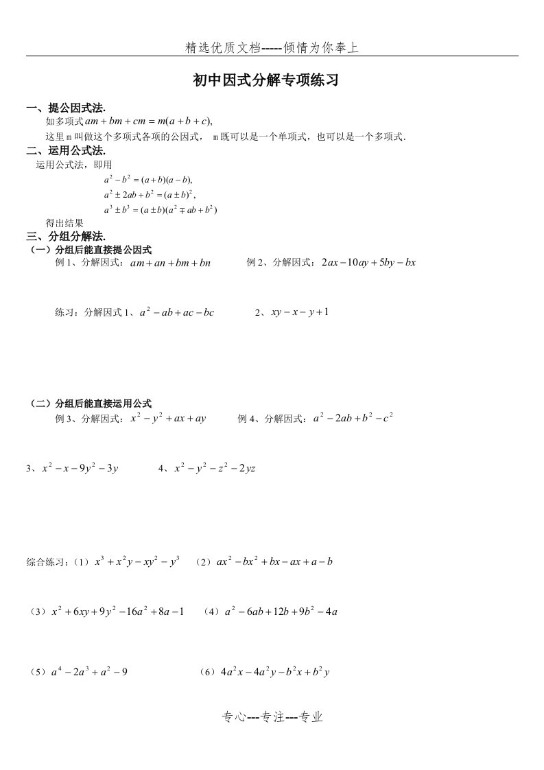 初中数学因式分解专项练习(共4页)