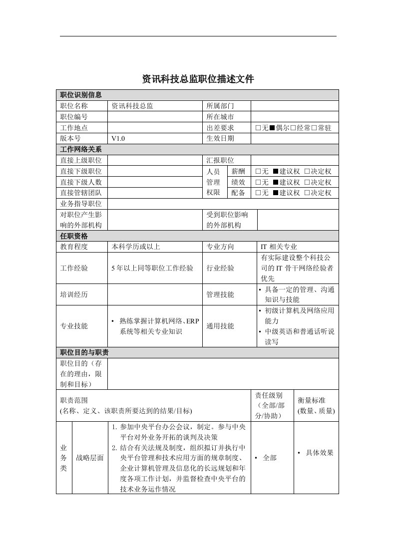 资讯科技总监岗位说明书