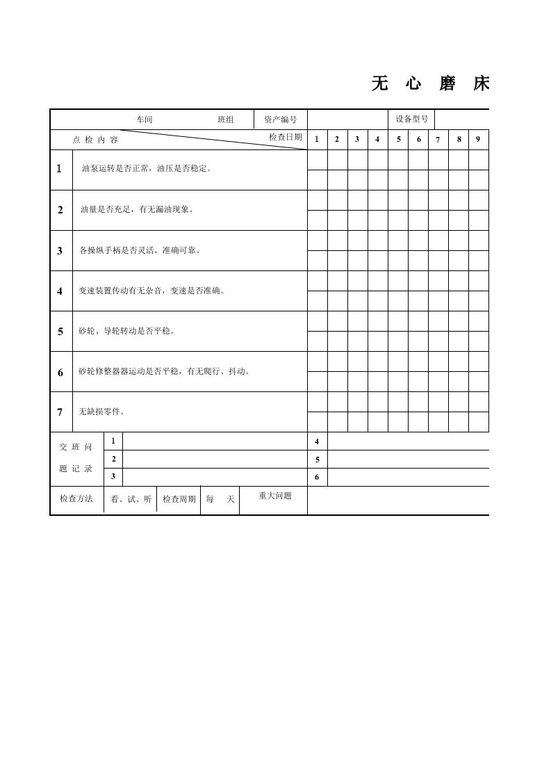 无心磨床日点检表