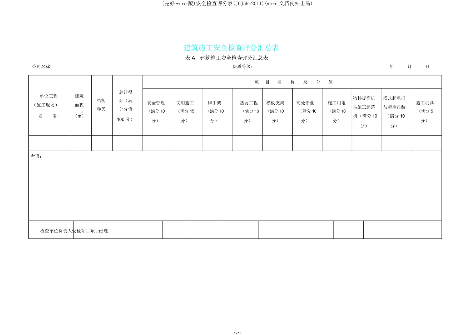 安全检查评分表(JGJ592011)(word文档)