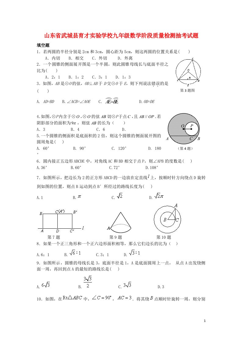 山东省武城县育才实验学校九级数学阶段质量检测抽考试题