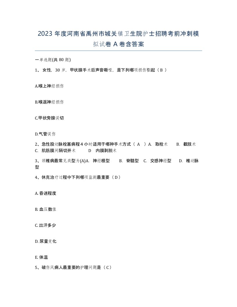 2023年度河南省禹州市城关镇卫生院护士招聘考前冲刺模拟试卷A卷含答案