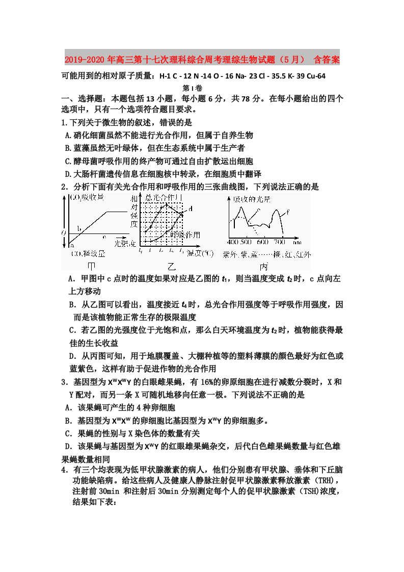 2019-2020年高三第十七次理科综合周考理综生物试题（5月）