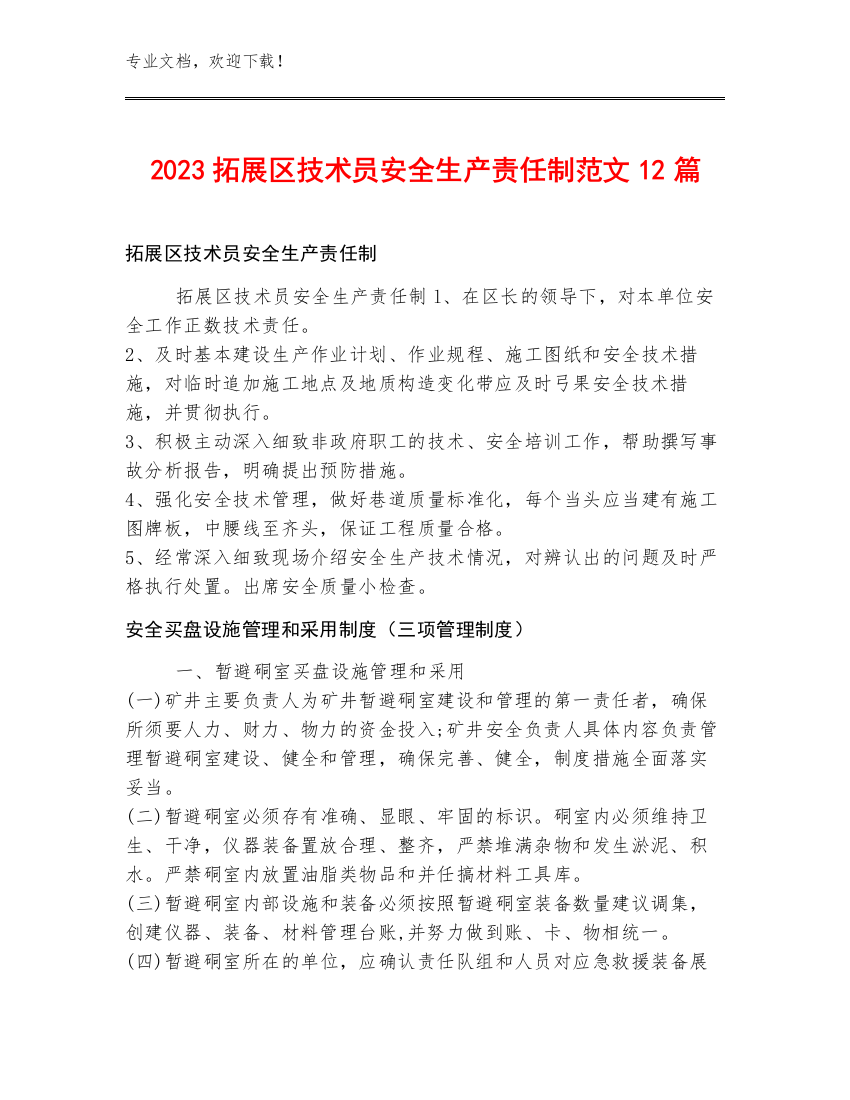 2023拓展区技术员安全生产责任制范文12篇