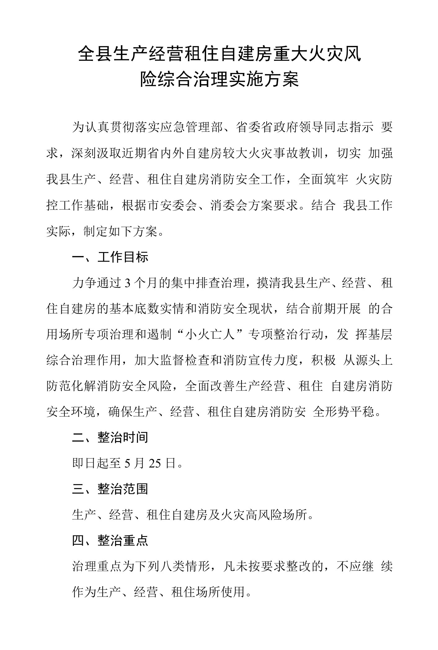 全县生产经营租住自建房重大火灾风险综合治理实施方案