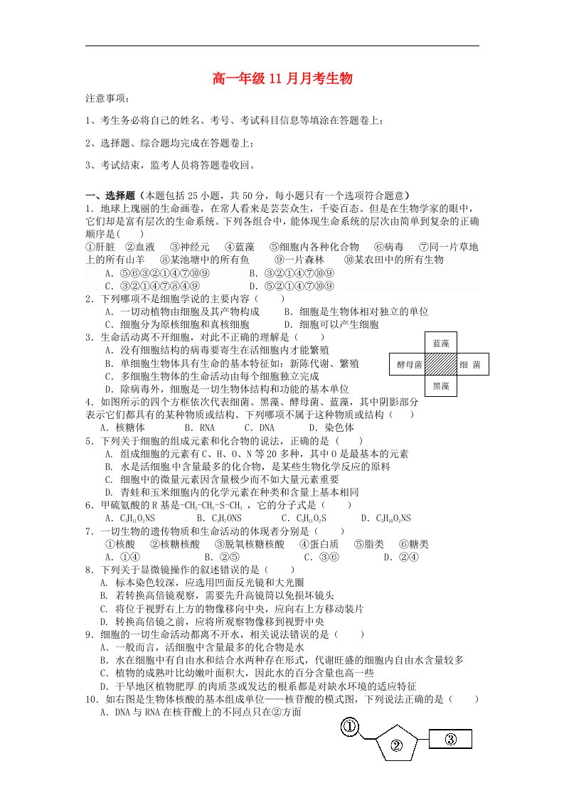 江西省鹰潭市第一中学高一生物11月月考试题新人教版必修1