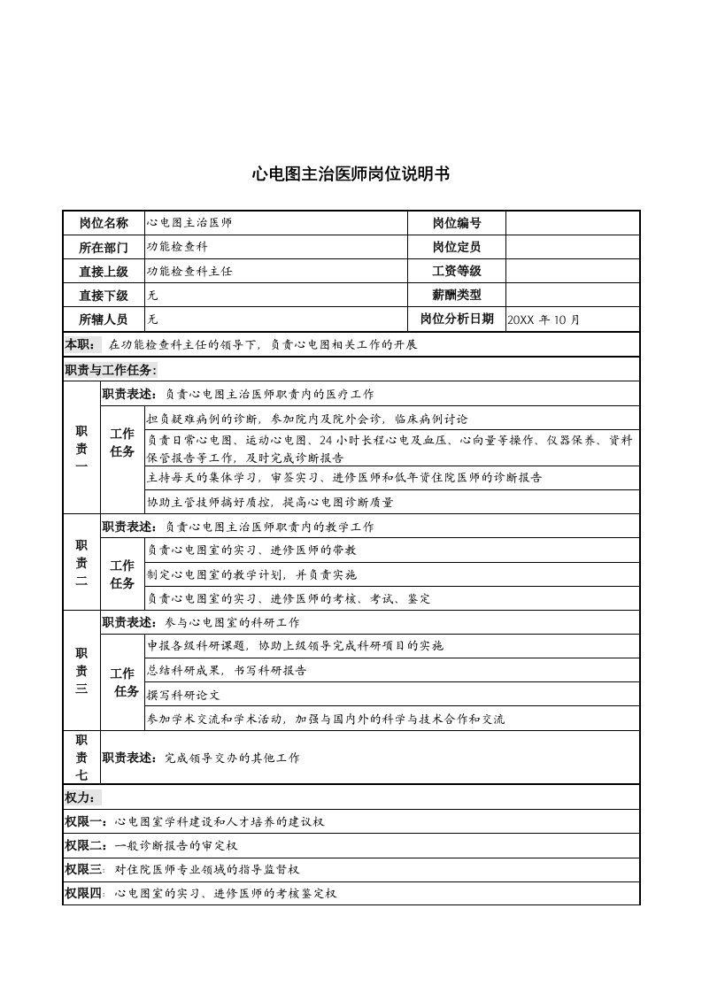 岗位职责-湖北新华医院功能检查科心电图主治医师岗位说明书