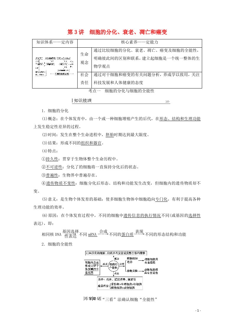 2022届高考生物一轮复习第四单元细胞的生命历程第3讲细胞的分化衰老凋亡和癌变教案新人教版