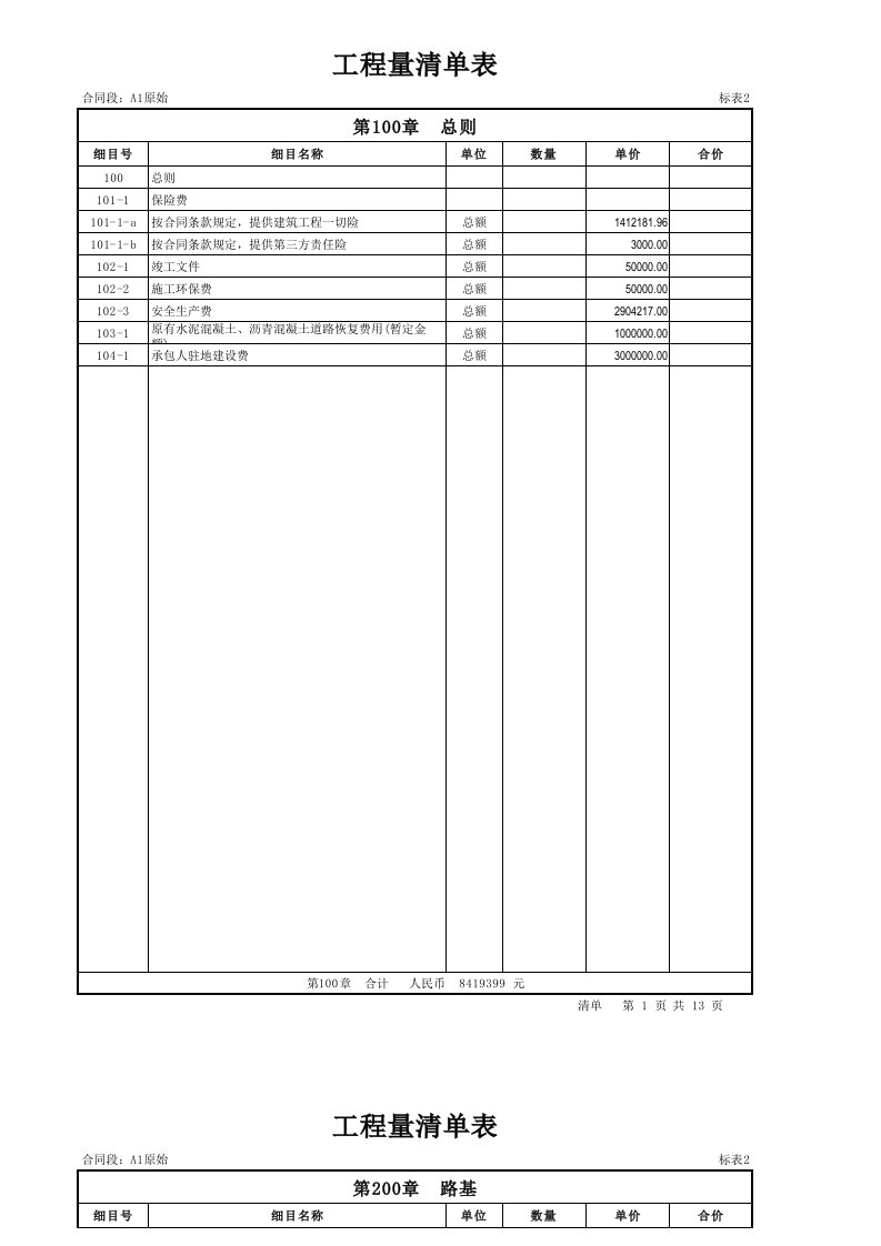 高速公路造价-工程量清单报价表实例