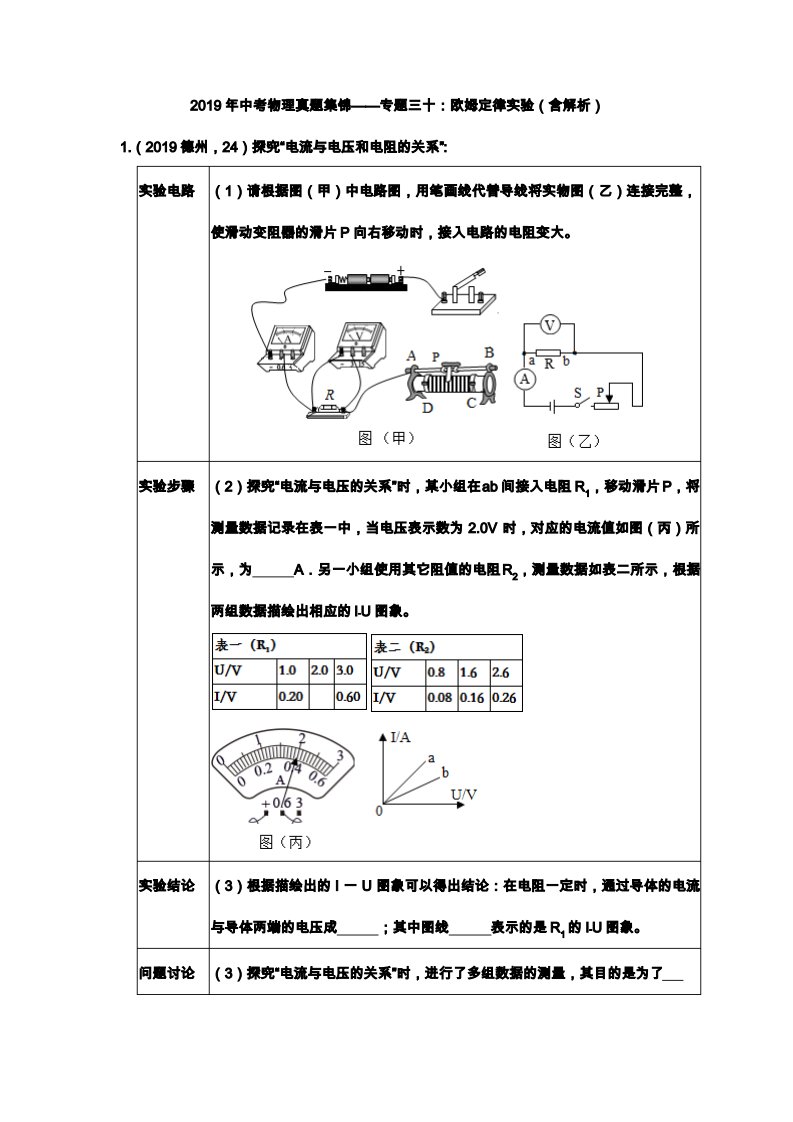 2019年中考物理真题集锦专题30：欧姆定律实验(含解析)