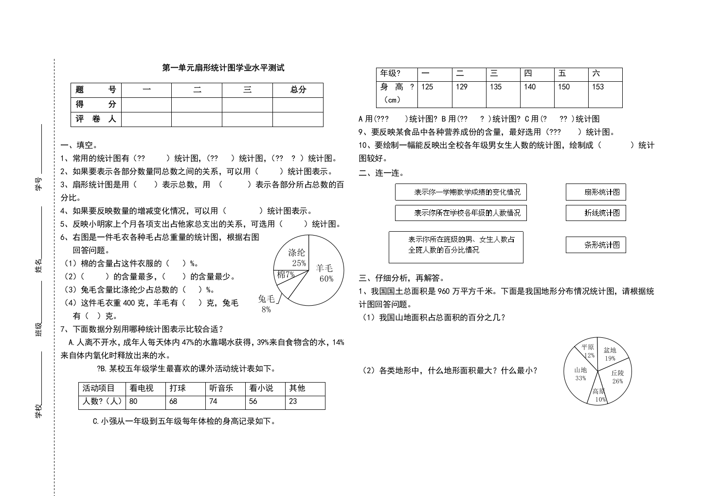 苏教版六年级下第一单元扇形统计图试卷