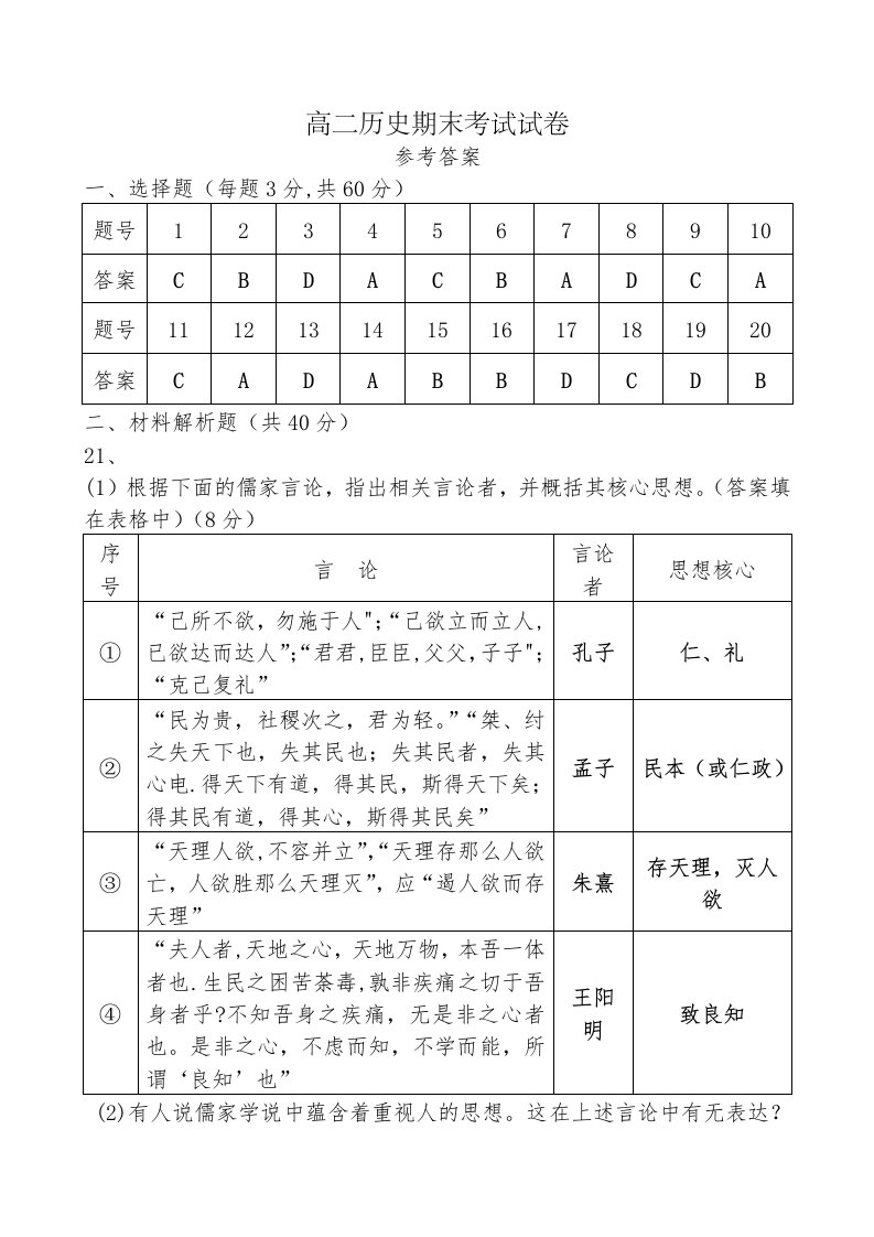 高二历史期末考试试卷答案