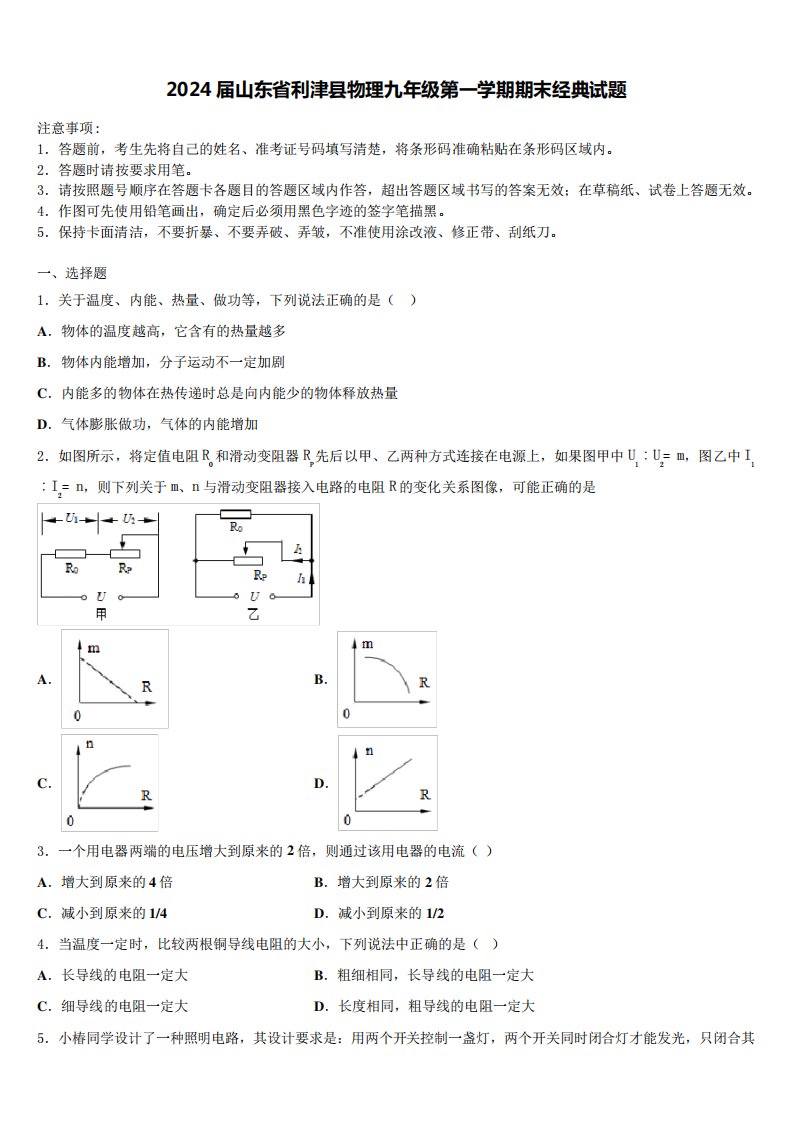 2024届山东省利津县物理九年级第一学期期末经典试题含解析