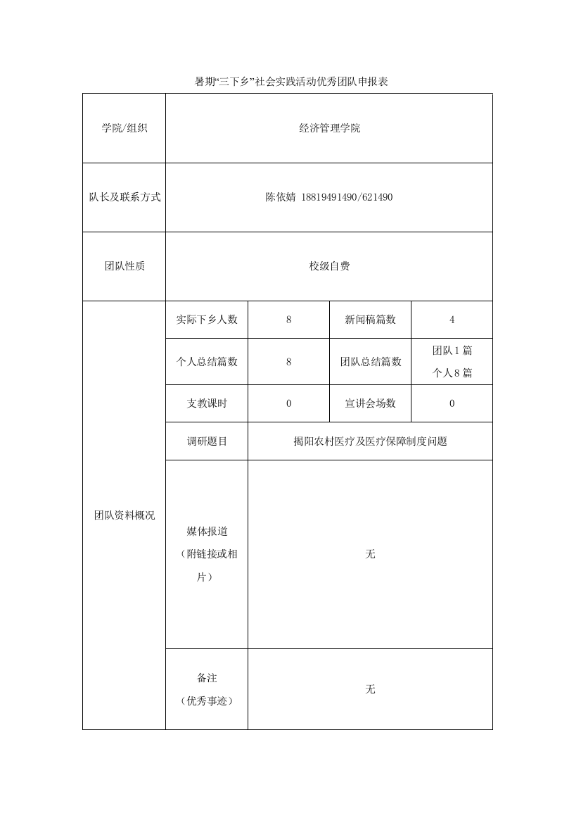 《2021年暑期“三下乡”社会实践活动优秀团队申报表》-(1)陈依婧