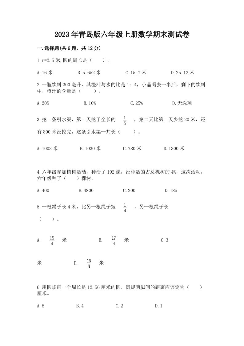 2023年青岛版六年级上册数学期末测试卷必考题