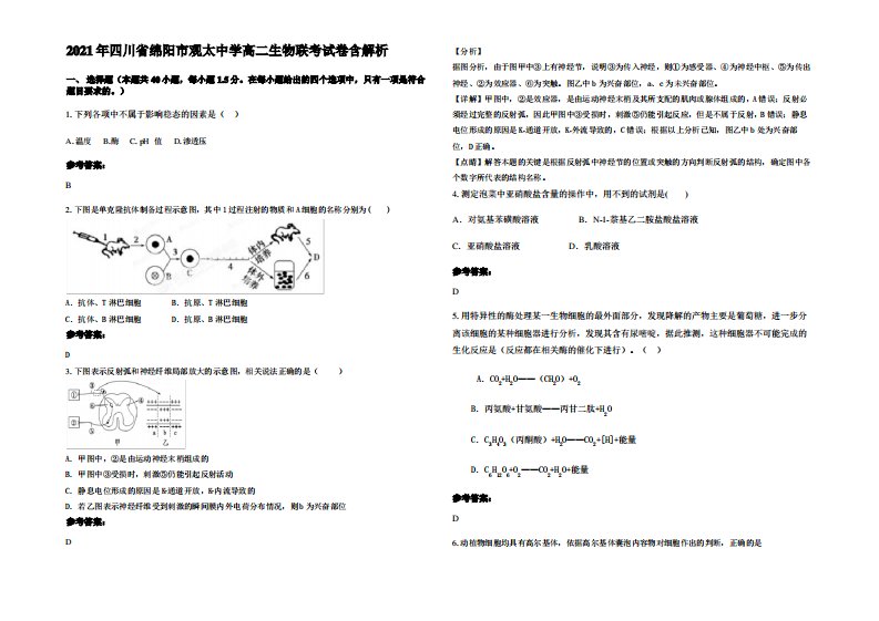 2021年四川省绵阳市观太中学高二生物联考试卷含解析