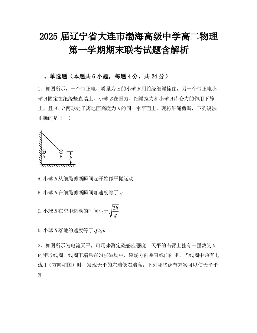 2025届辽宁省大连市渤海高级中学高二物理第一学期期末联考试题含解析