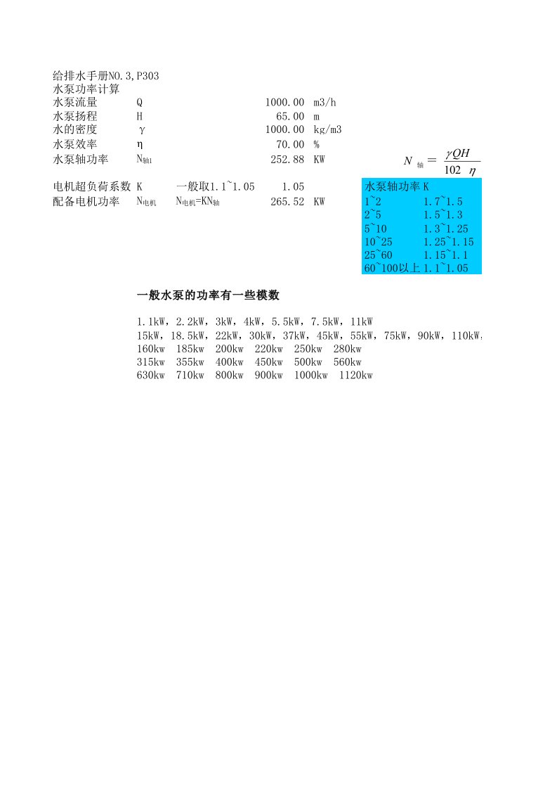 水泵功率计算表格