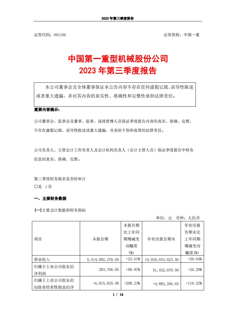 上交所-公告2023-030（中国第一重型机械股份公司2023年第三季度报告）-20231030