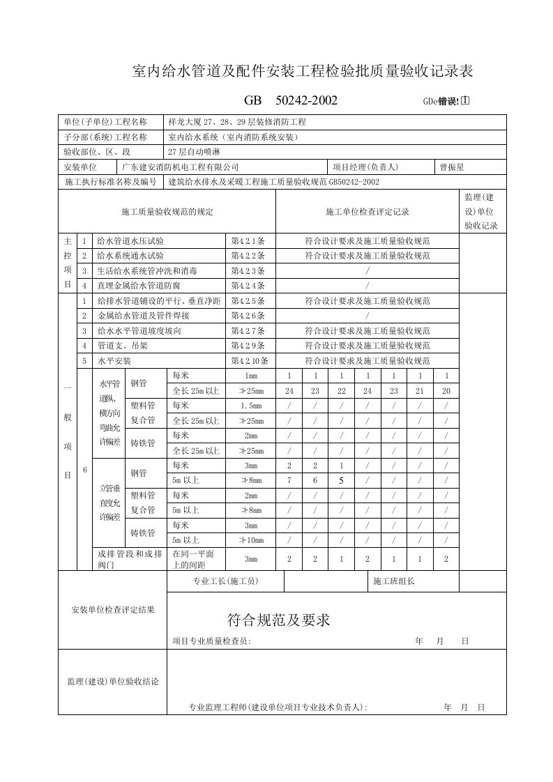 精品文档-1室内给水管道及配件安装工程检验批质量验收记录表GD2405001喷淋