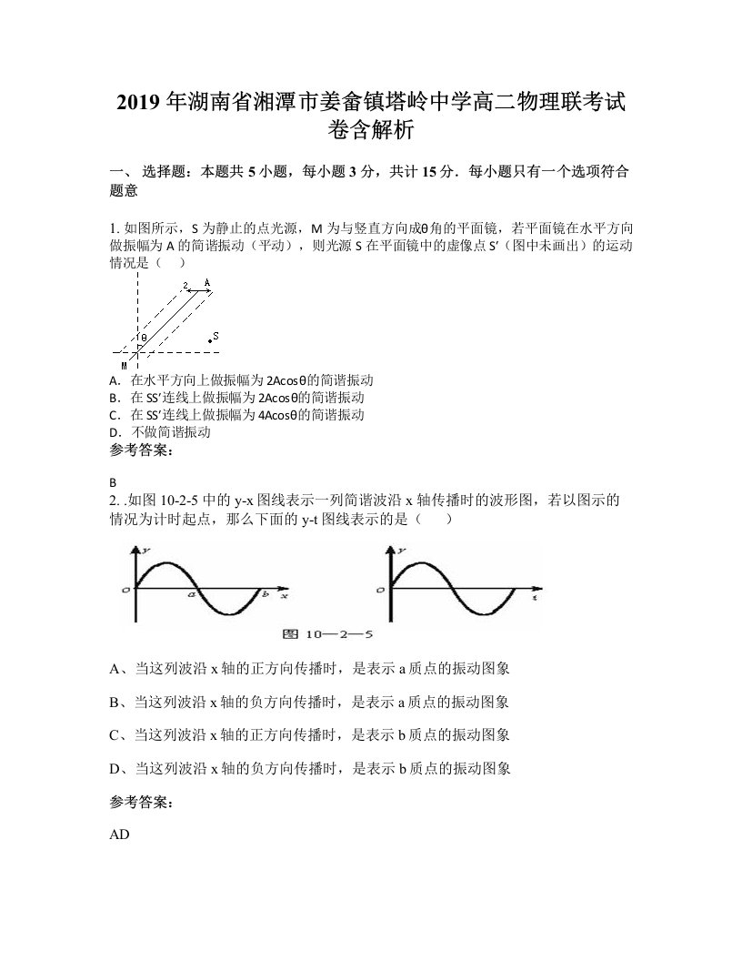 2019年湖南省湘潭市姜畲镇塔岭中学高二物理联考试卷含解析