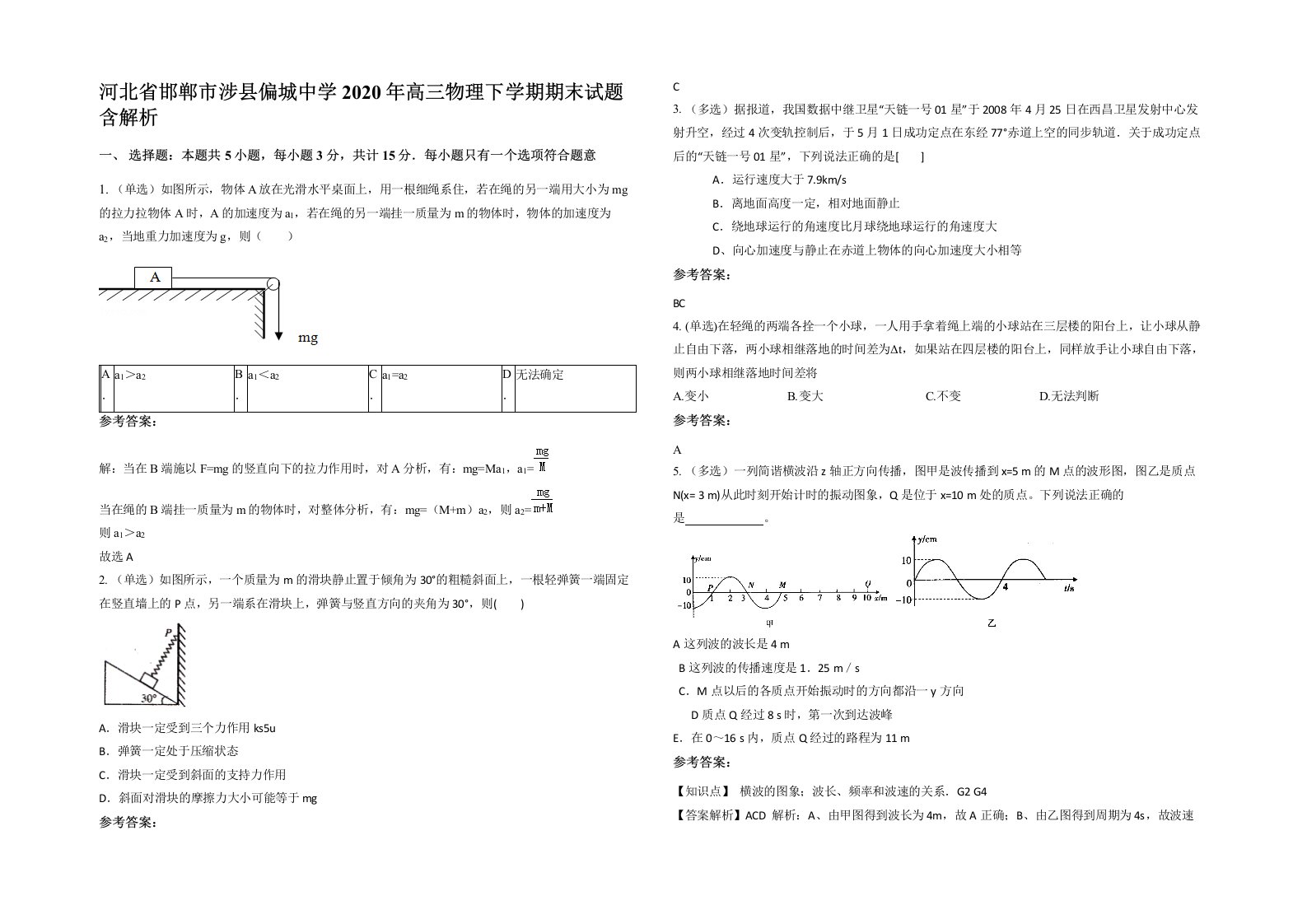 河北省邯郸市涉县偏城中学2020年高三物理下学期期末试题含解析