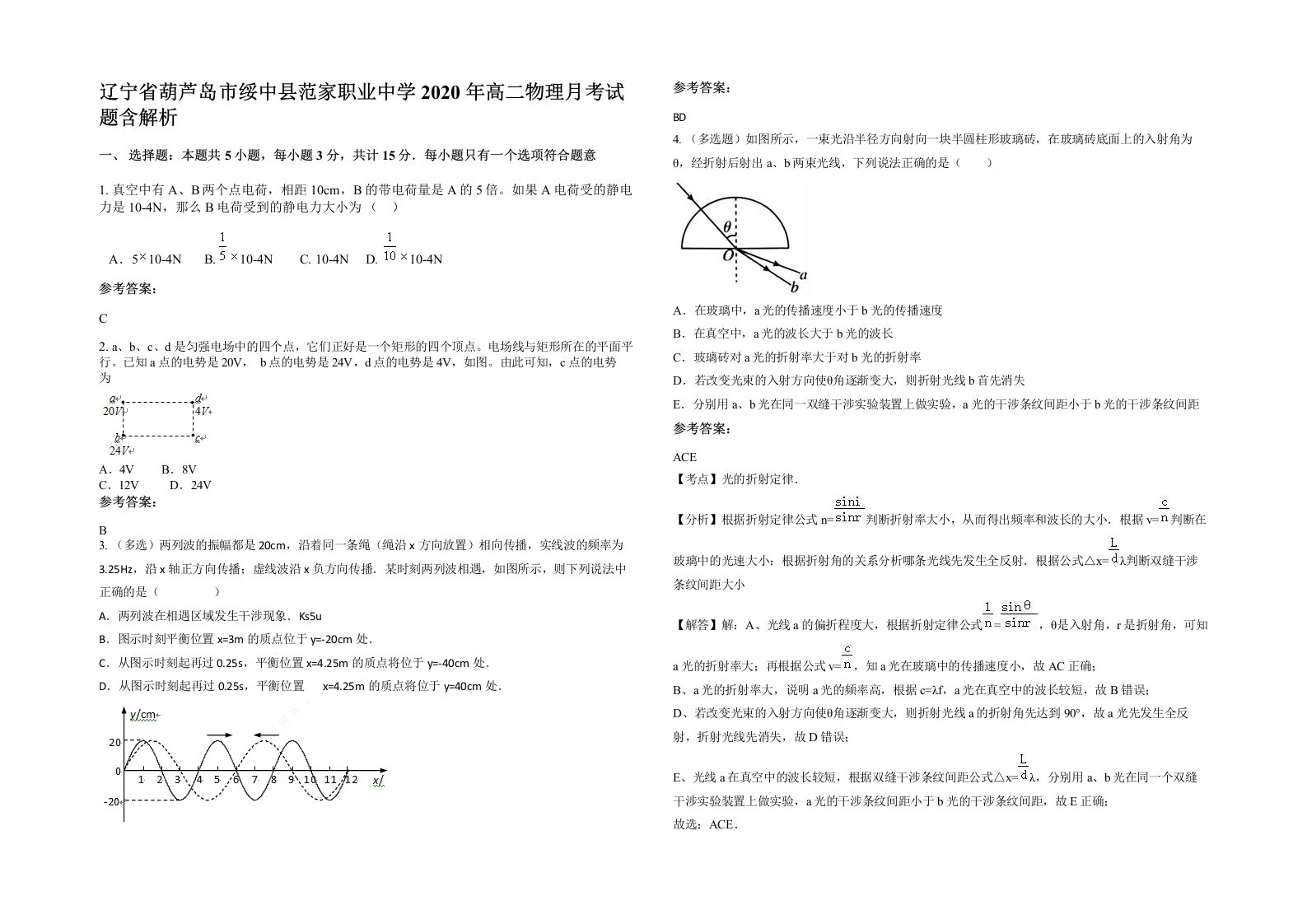 辽宁省葫芦岛市绥中县范家职业中学2020年高二物理月考试题含解析