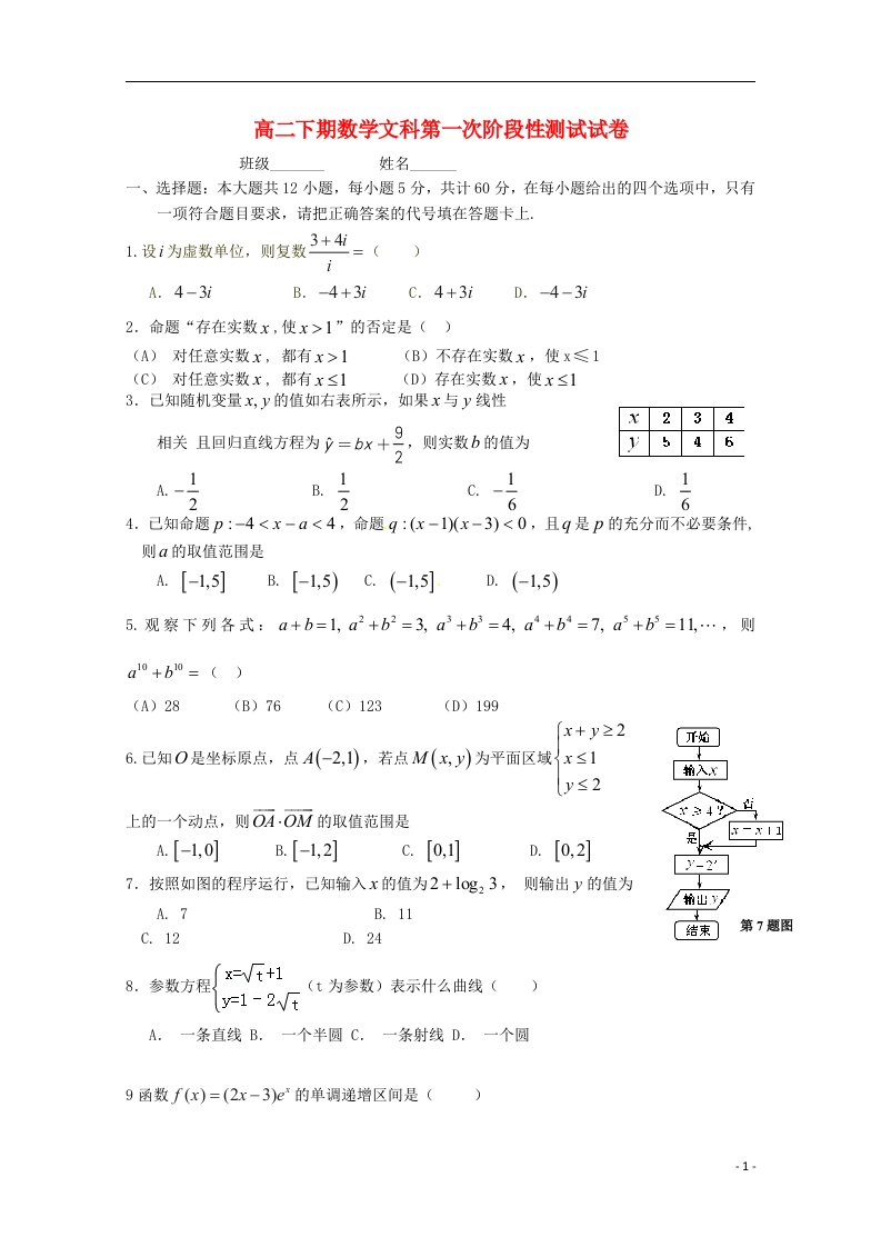 湖南省浏阳一中高二数学下学期第一次阶段性测试试题