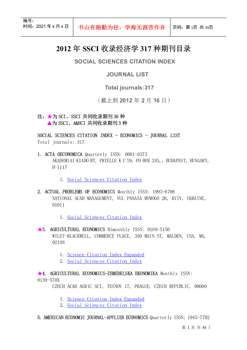 SSCI收录经济学317种期刊目录