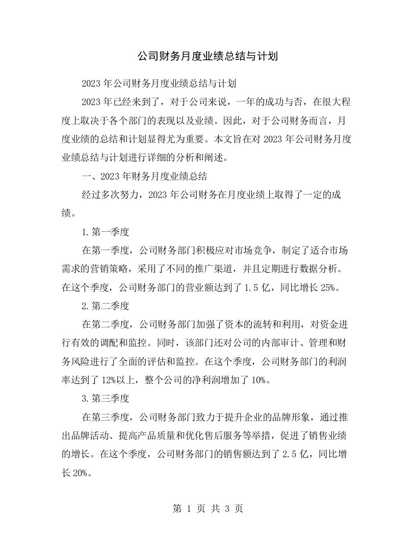 公司财务月度业绩总结与计划