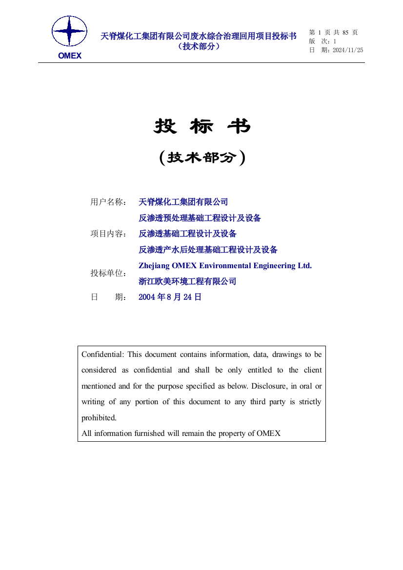 天脊煤化工废水回用投标书