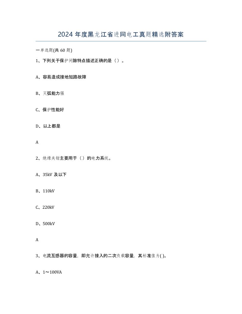 2024年度黑龙江省进网电工真题附答案