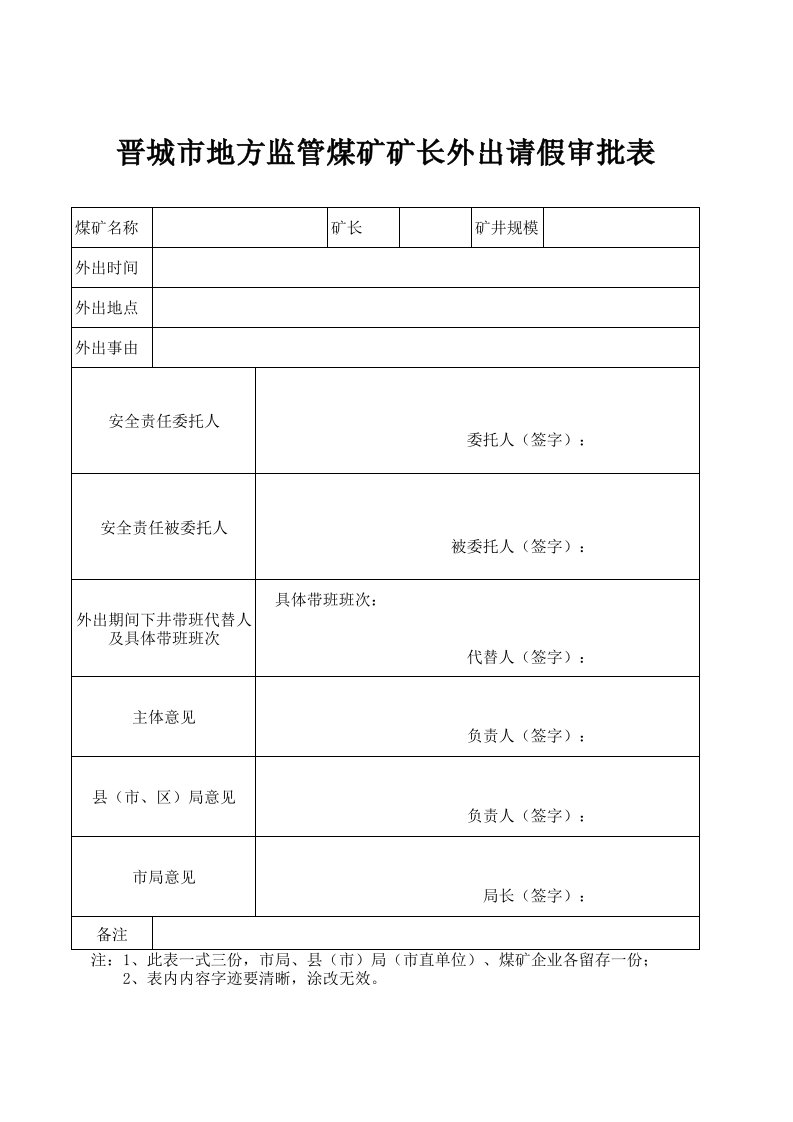 矿长外出请假审批表