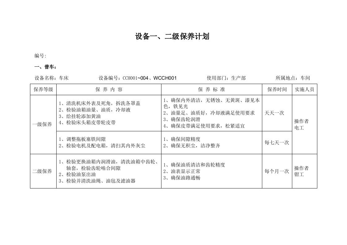 设备保养计划机加工车间样稿