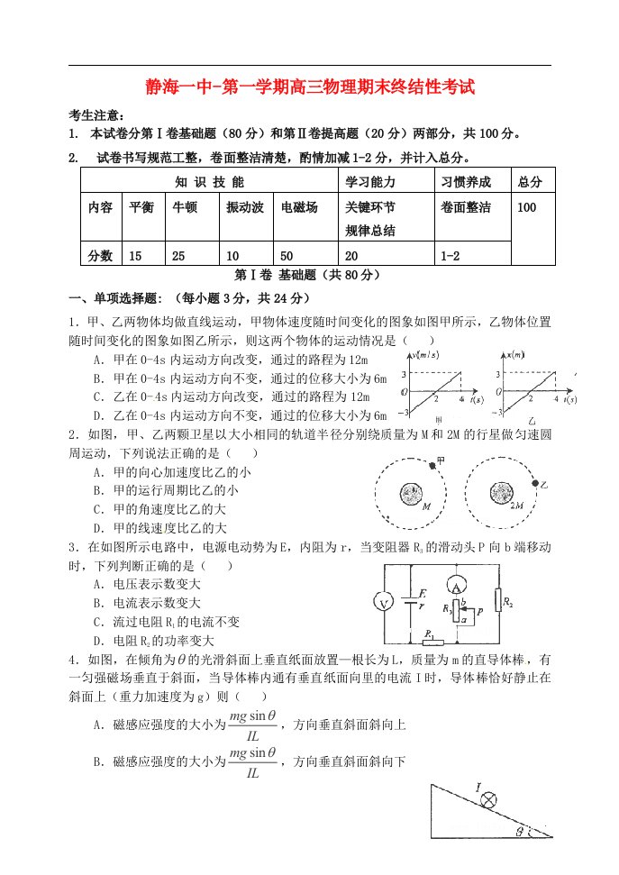 天津市静海一中高三物理上学期期末考试试题