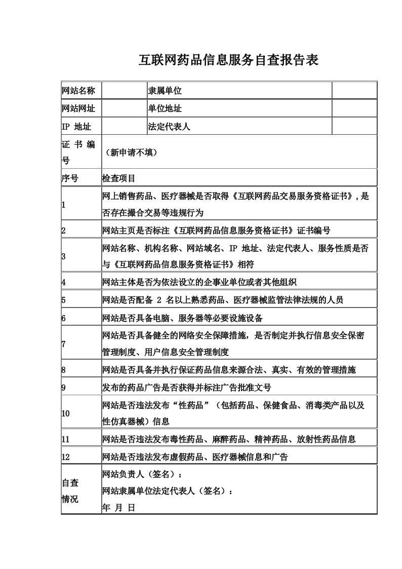 互联网药品信息服务自查报告表(1)