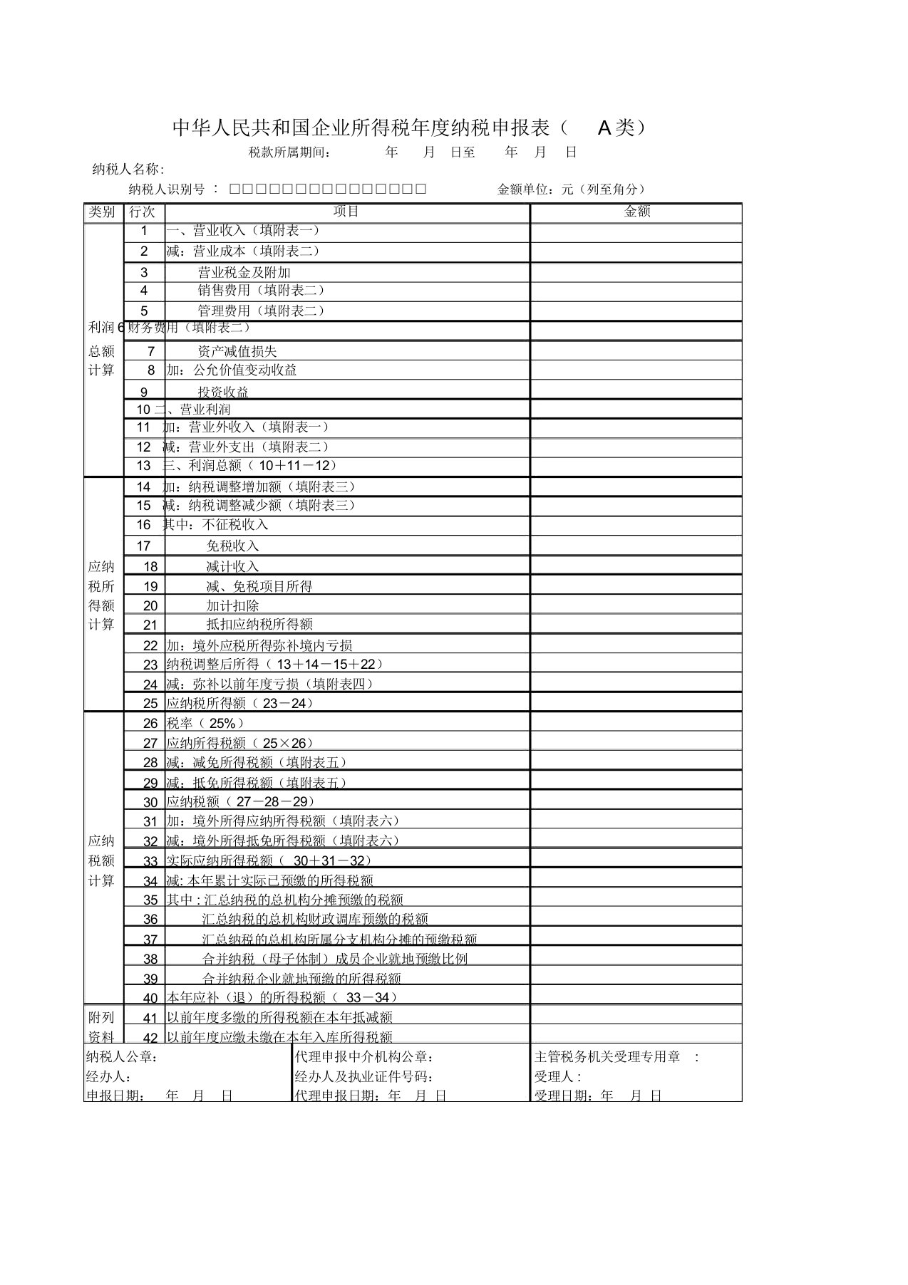 中华人民共和国企业所得税年度纳税申报表(A类)EXCEL格式(全套)