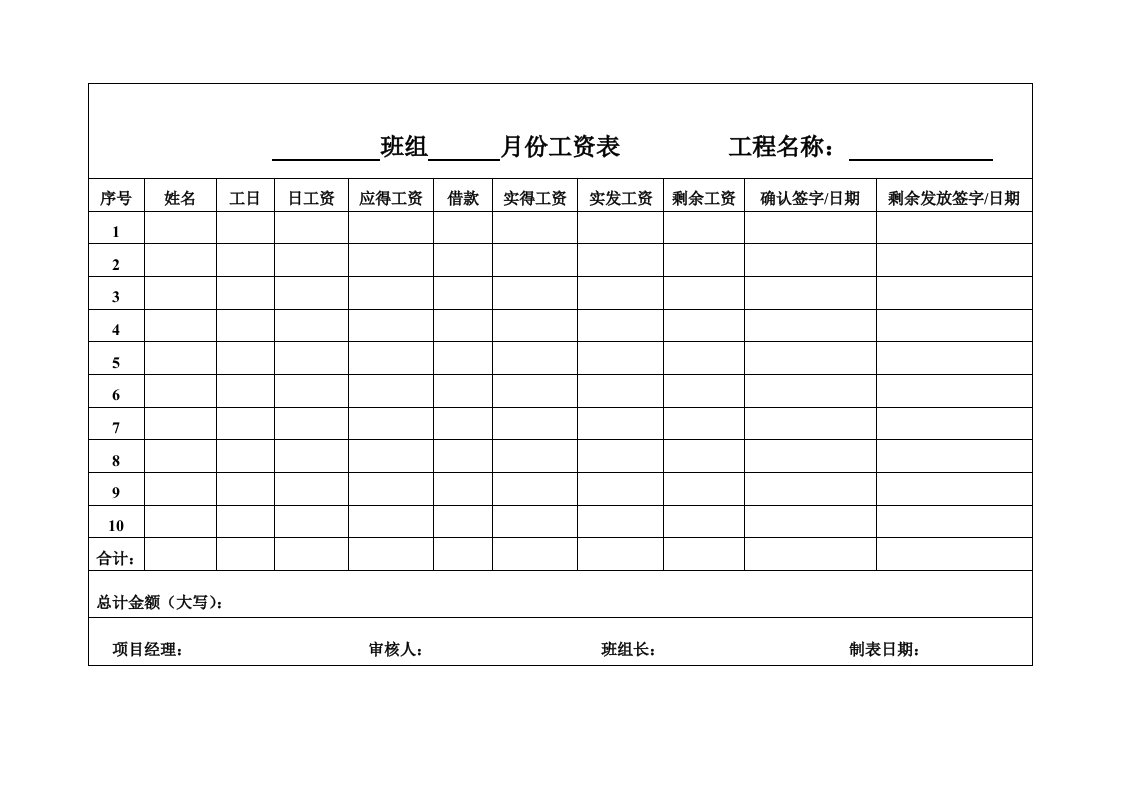 班组月份工资表工程名称