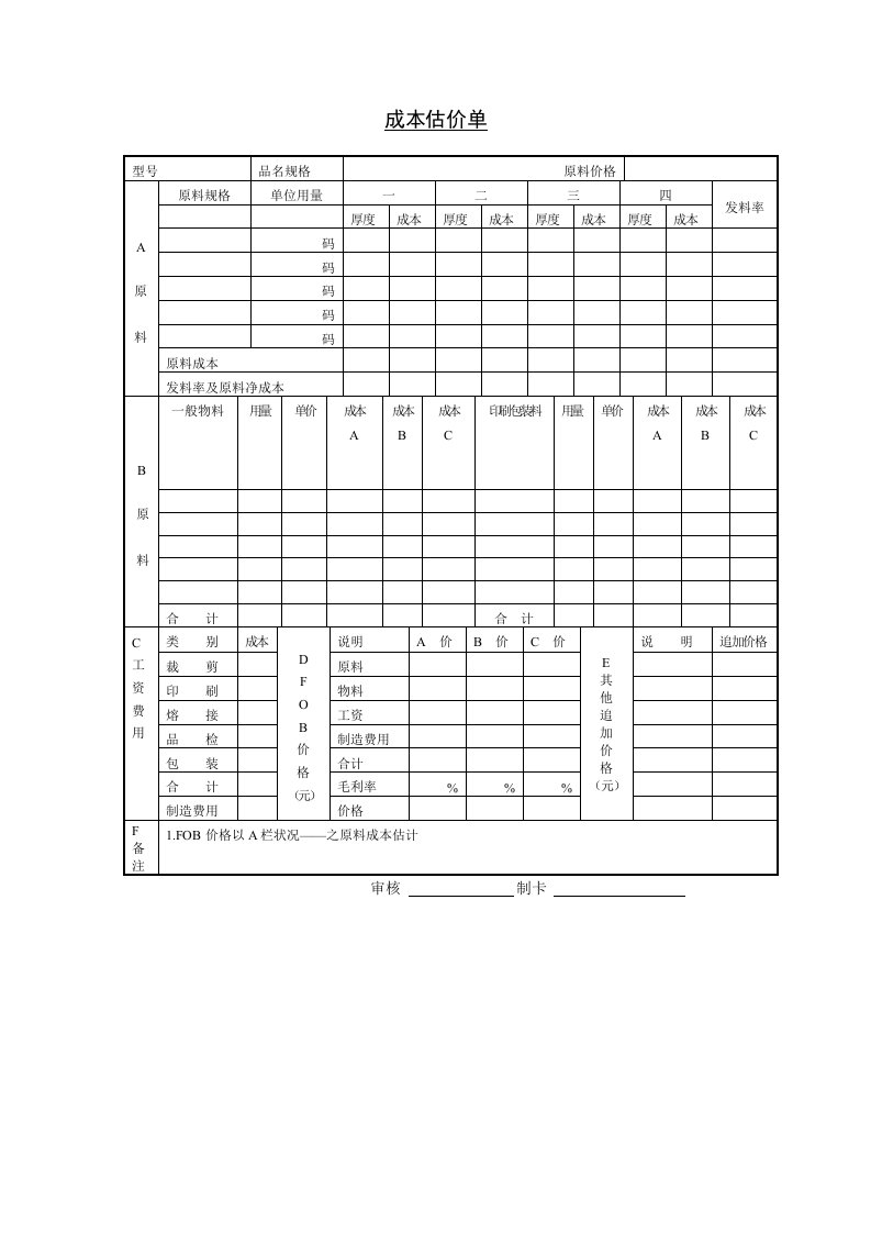 产品价格评估表汇总19