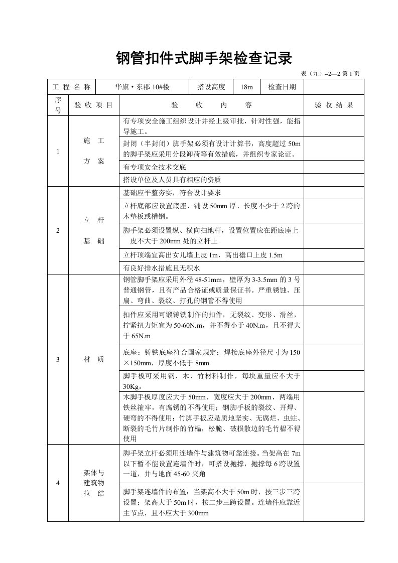 扣件式钢管脚手架检查记录表