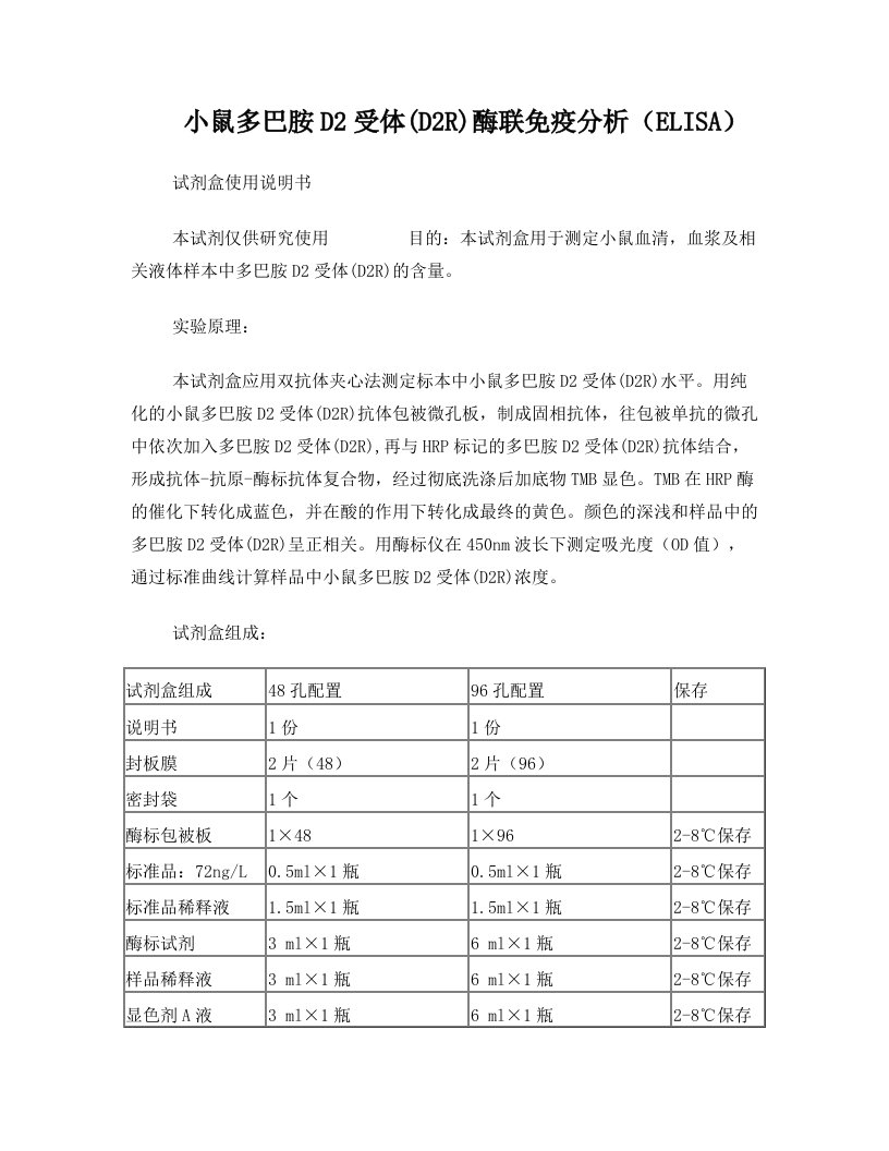 小鼠多巴胺D2受体D2R酶联免疫分析ELISA