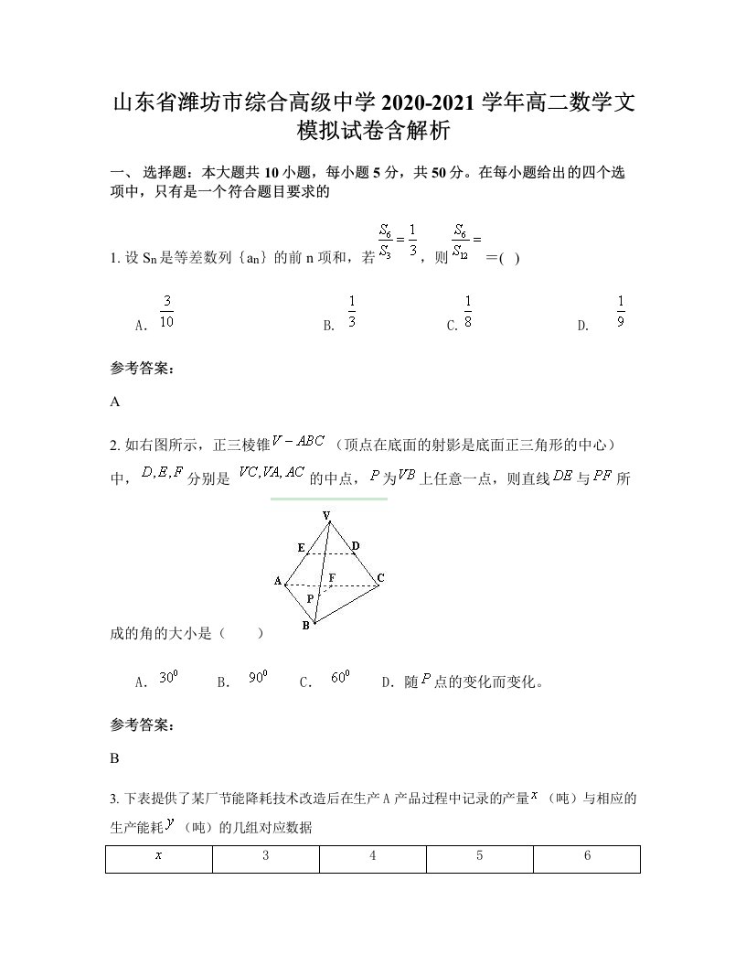 山东省潍坊市综合高级中学2020-2021学年高二数学文模拟试卷含解析