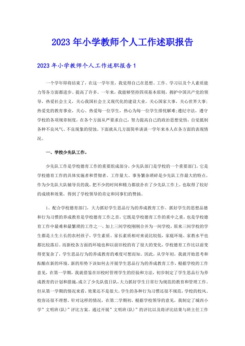 2023年小学教师个人工作述职报告