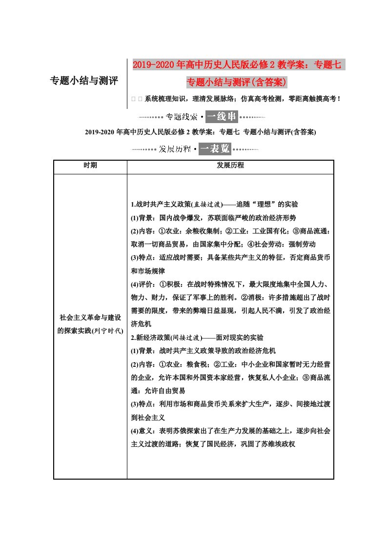 2019-2020年高中历史人民版必修2教学案：专题七