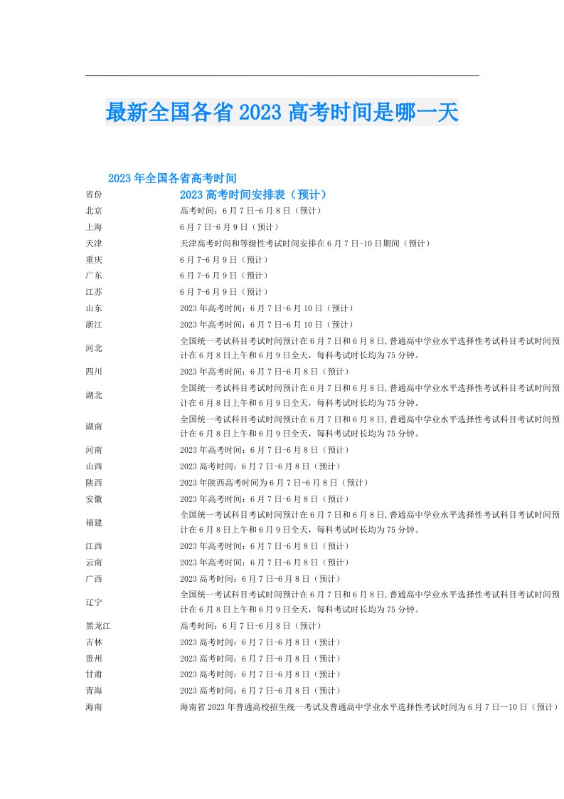 最新全国各省高考时间是哪一天