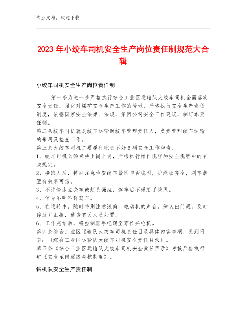 2023年小绞车司机安全生产岗位责任制规范大合辑