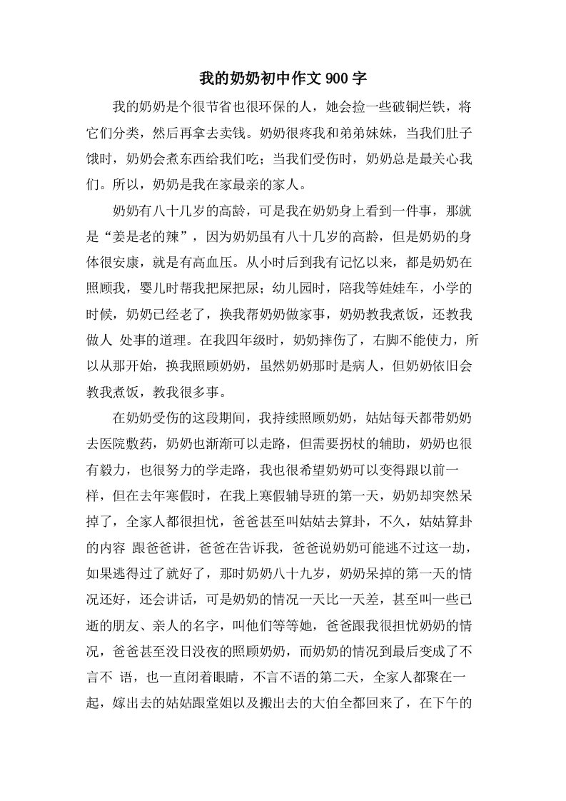 我的奶奶初中作文900字