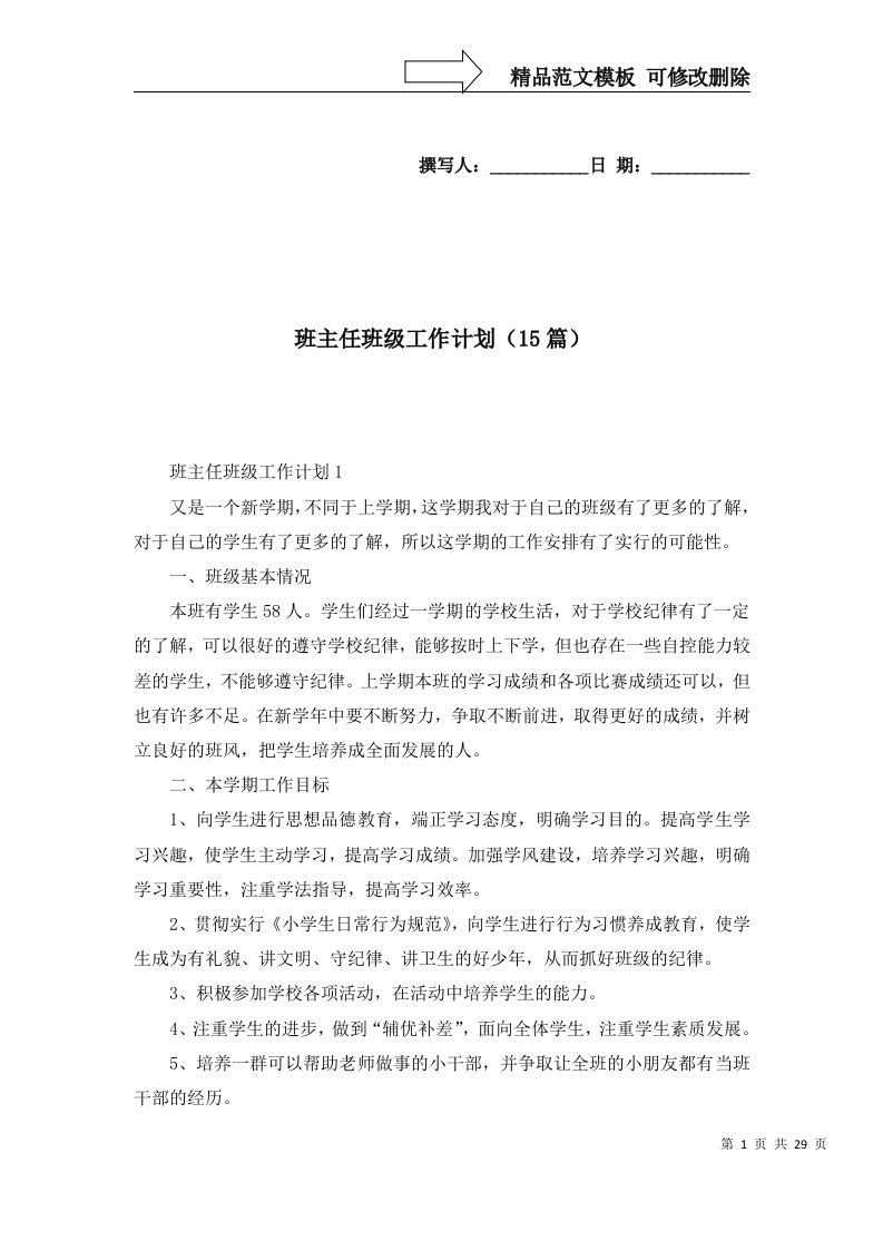 班主任班级工作计划15篇