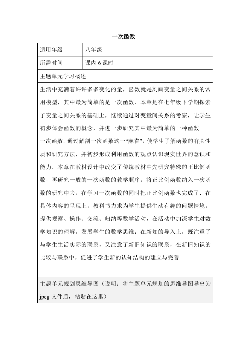 初中数学一次函数主题单元教学设计以及思维导图