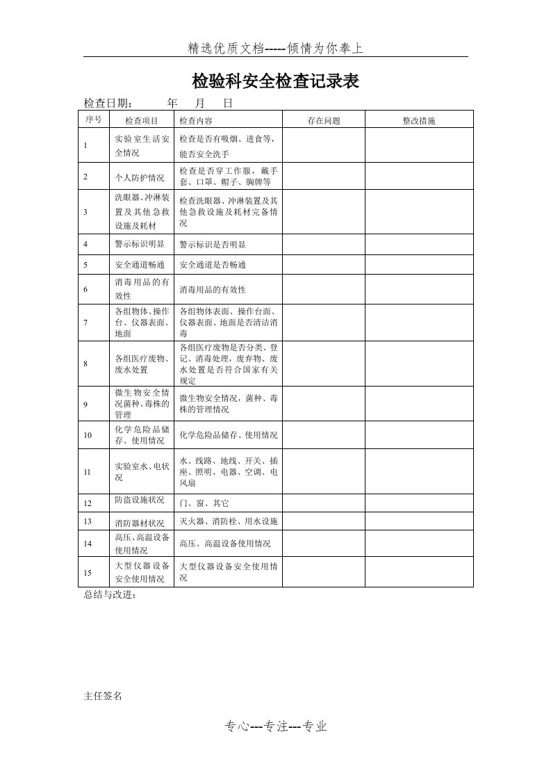 检验科安全检查记录表(共1页)